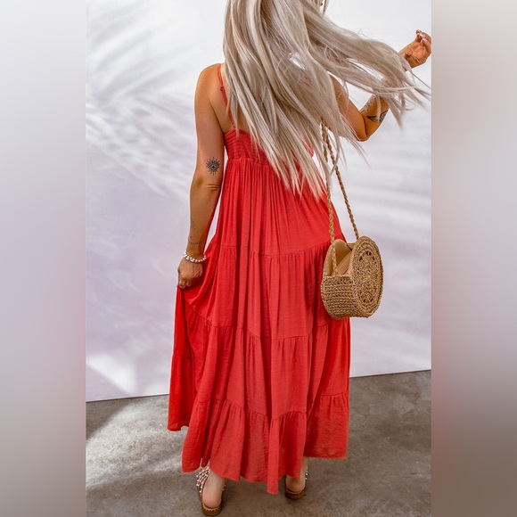 Red O-ring Smocked Back Spaghetti Straps Tiered Maxi Dress - Picture 5 of 5